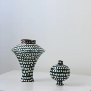 Artist-Made Teal Grid Vases with Red Rim, Five Forms in olive — front view