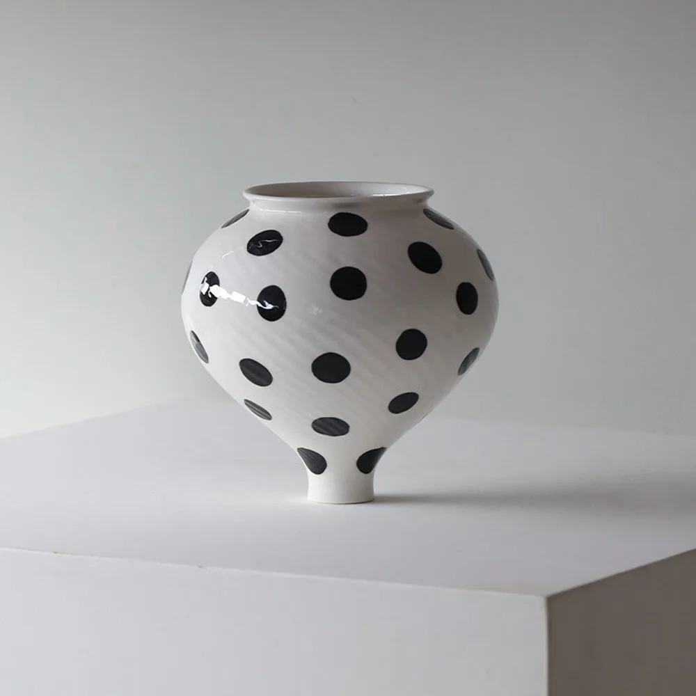 Designer Jingdezhen Polka Dot Spinning-Top Vase, Three Sizes in ivory — front view