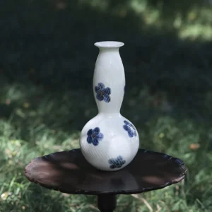 Designer Jingdezhen Blue Flower Ribbed Gourd Vase in ivory — front view