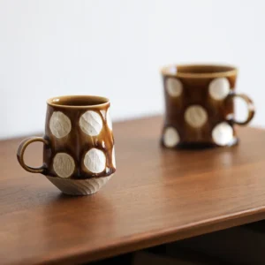 Artist-Made Caramel Polka Dot Mugs, Open or Tapered Rim in clay — front view