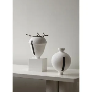 Jingdezhen White Bud Vases with Line Details, Three Sizes in ivory — in a room setting