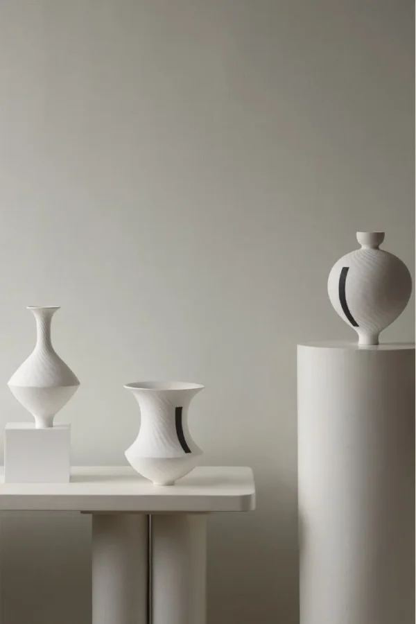 Jingdezhen White Bud Vases with Line Details, Three Sizes in ivory — in a room setting