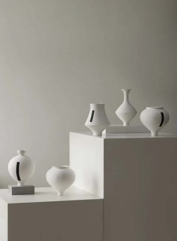 Jingdezhen White Bud Vases with Line Details, Three Sizes in ivory — in a room setting