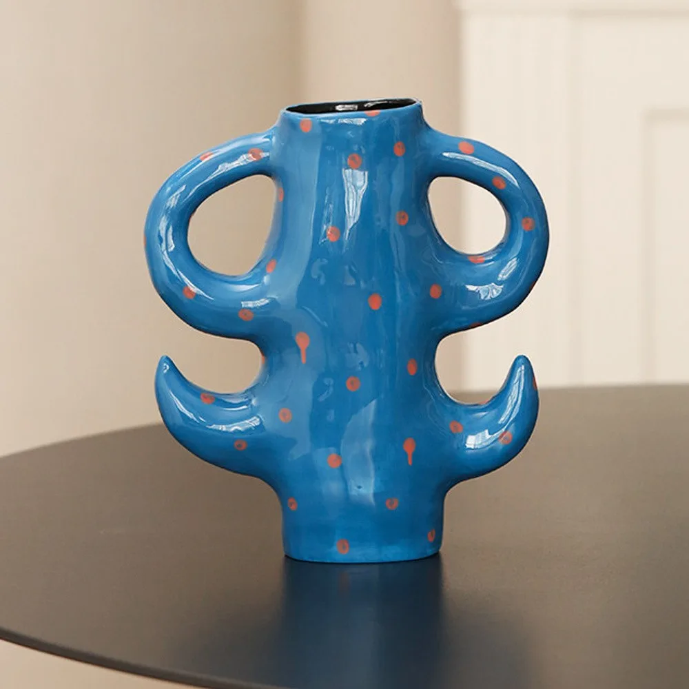Artist-Made Blue Cactus Vase in blue — front view