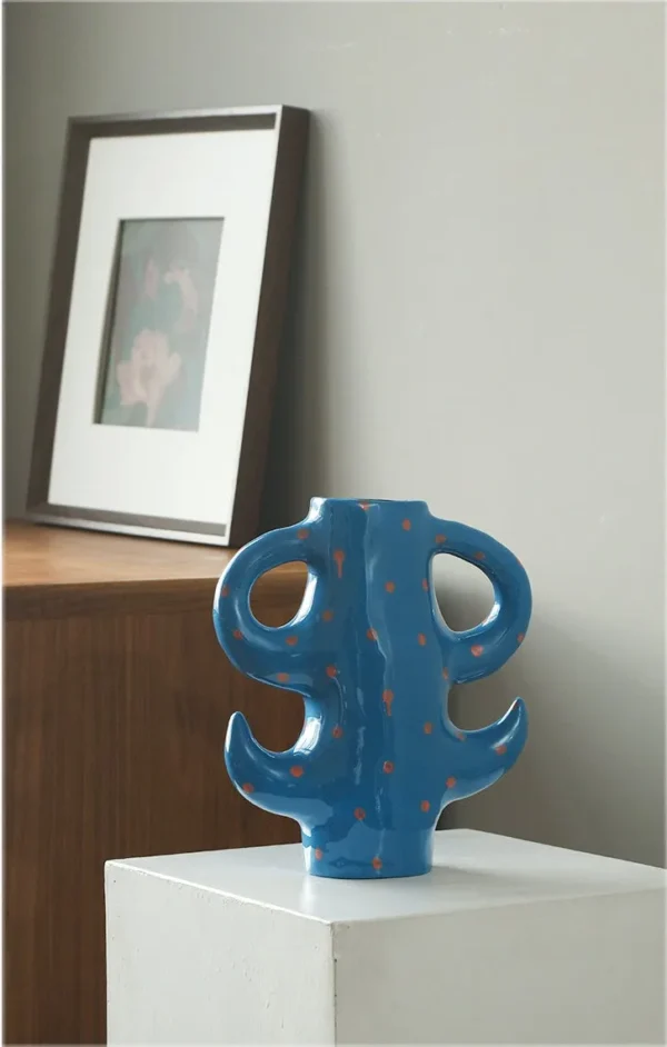 Artist-Made Blue Cactus Vase in blue — in a room setting