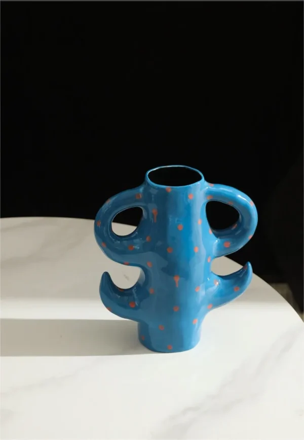 Artist-Made Blue Cactus Vase in blue — in a room setting