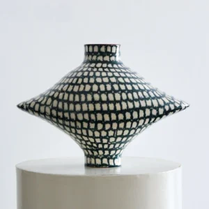 Artist-Made Teal Grid Diamond Art Vessel with Red Rim in olive — front view