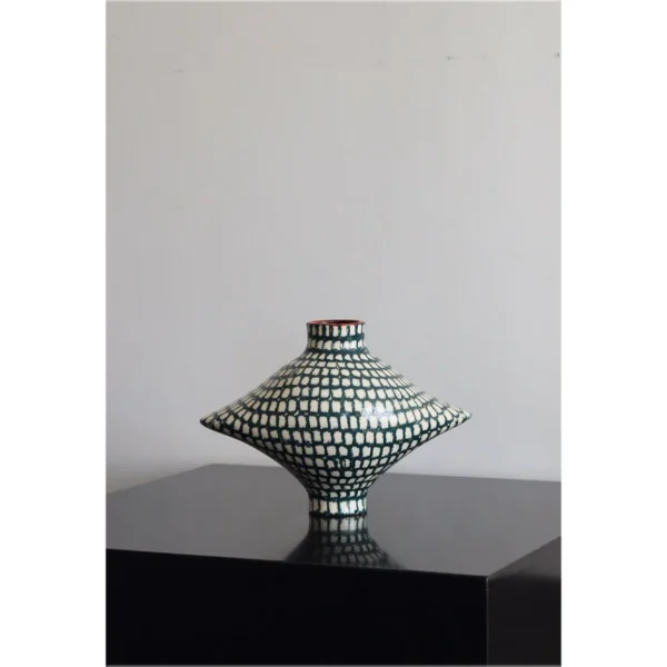 Artist-Made Teal Grid Diamond Art Vessel with Red Rim in olive — in a room setting