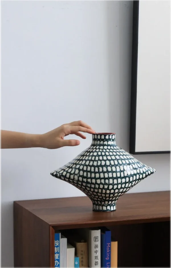 Artist-Made Teal Grid Diamond Art Vessel with Red Rim in olive — in a room setting