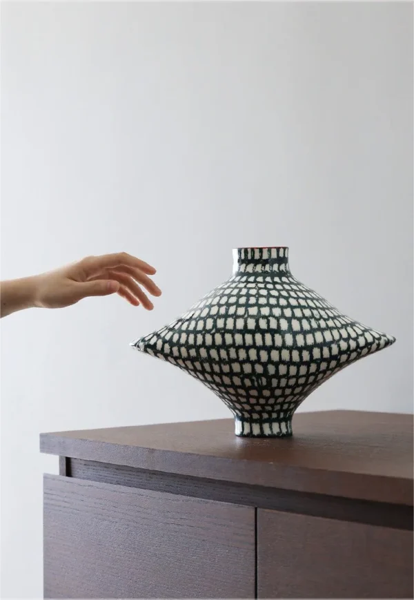 Artist-Made Teal Grid Diamond Art Vessel with Red Rim in olive — in a room setting