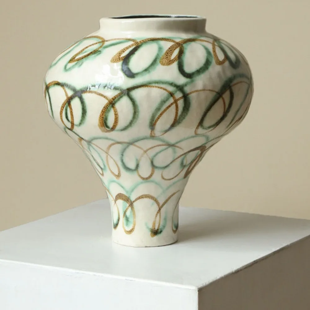 Artist-Made Abstract Loop Line Urn Vase in Cream, Medium — front view