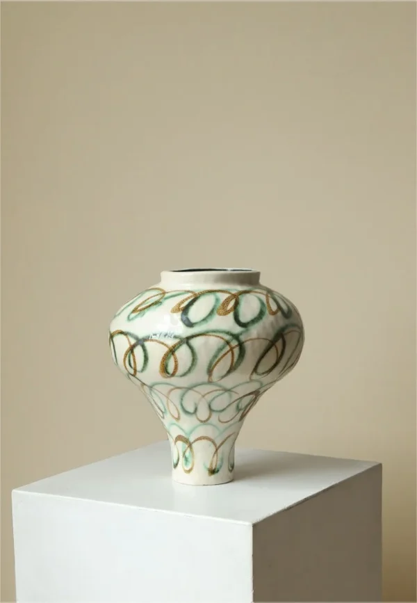 Artist-Made Abstract Loop Line Urn Vase in Cream, Medium — in a room setting