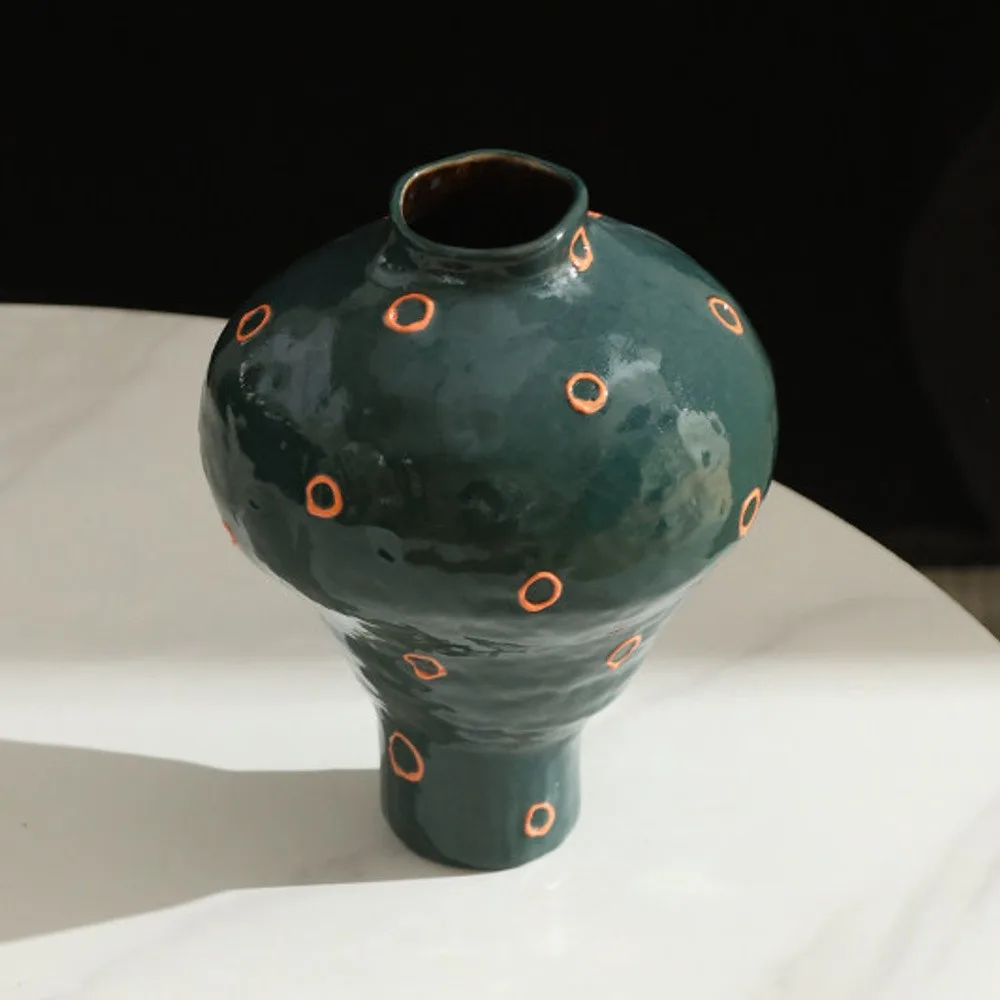Artist-Made Dark Green Footed Vase in olive — front view