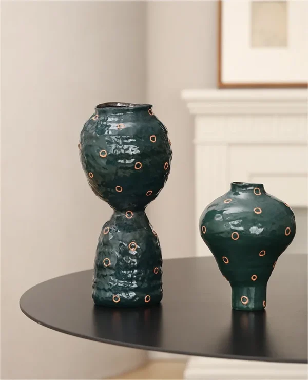Artist-Made Dark Green Footed Vase in olive — in a room setting