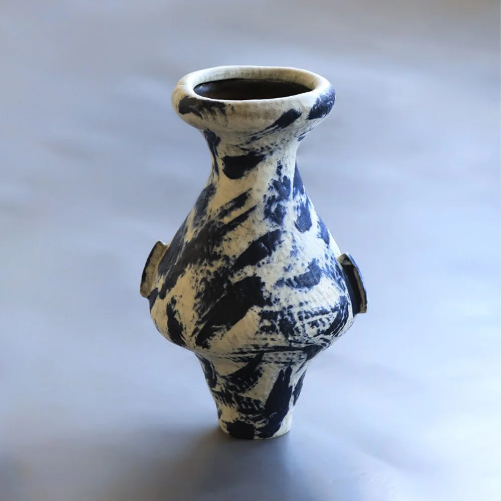 Artist-Made Blue Shadow Brushed Amphora Vase, Large in oatmeal — front view