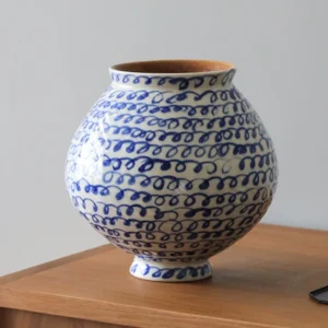 Artist-Made Blue Loop Line Moon Jar Vase in oatmeal — front view
