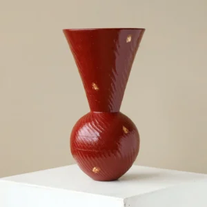 Artist-Made Red Lacquer Cone-on-Sphere Vase with Gold Leaf in red — front view