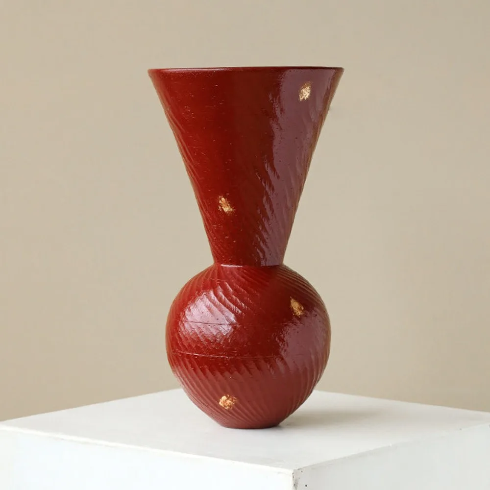 Artist-Made Red Lacquer Cone-on-Sphere Vase with Gold Leaf in red — front view