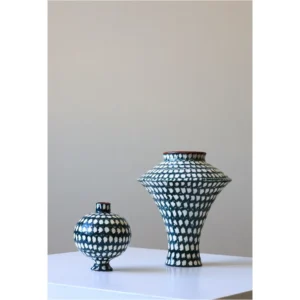 Artist-Made Teal Grid Flared Urn Vase with Red Rim in olive — in a room setting