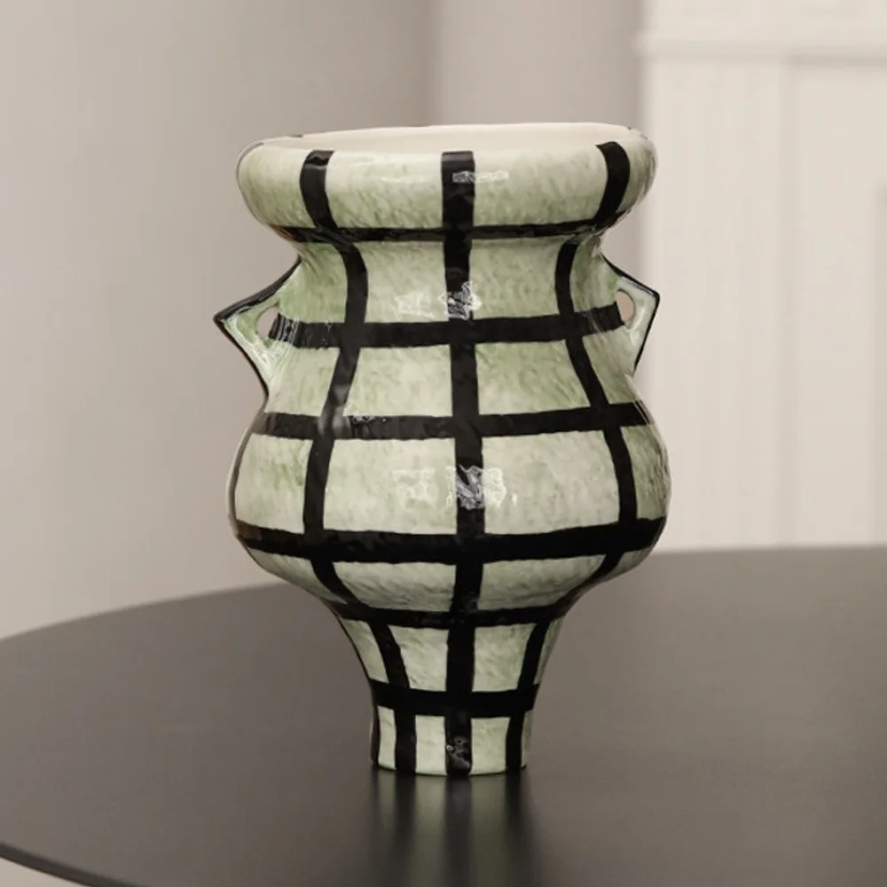 Artist-Made Twin-Ear Grid-Line Vase in olive — front view