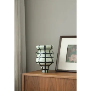 Artist-Made Twin-Ear Grid-Line Vase in olive — in a room setting