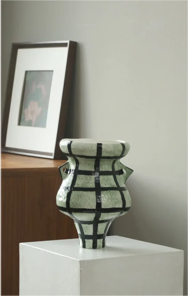 Artist-Made Twin-Ear Grid-Line Vase in olive — in a room setting