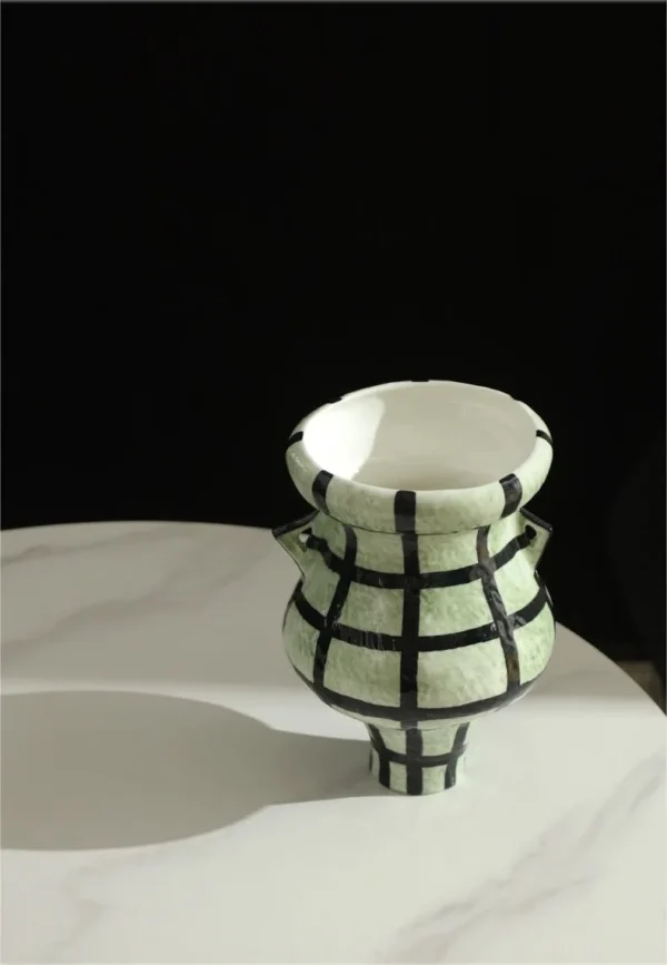 Artist-Made Twin-Ear Grid-Line Vase in olive — in a room setting