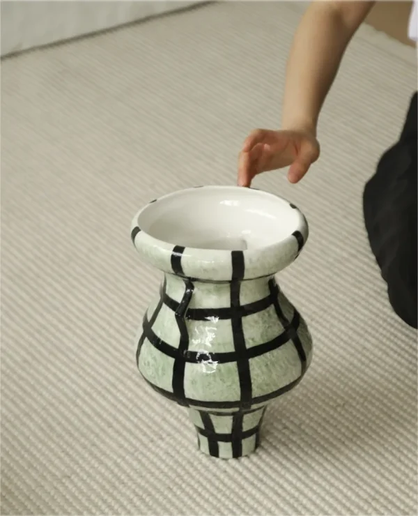 Artist-Made Twin-Ear Grid-Line Vase in olive — in a room setting