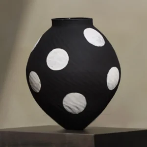 Designer Jingdezhen Black Polka Dot Wide Jar Vase, Large in black — front view