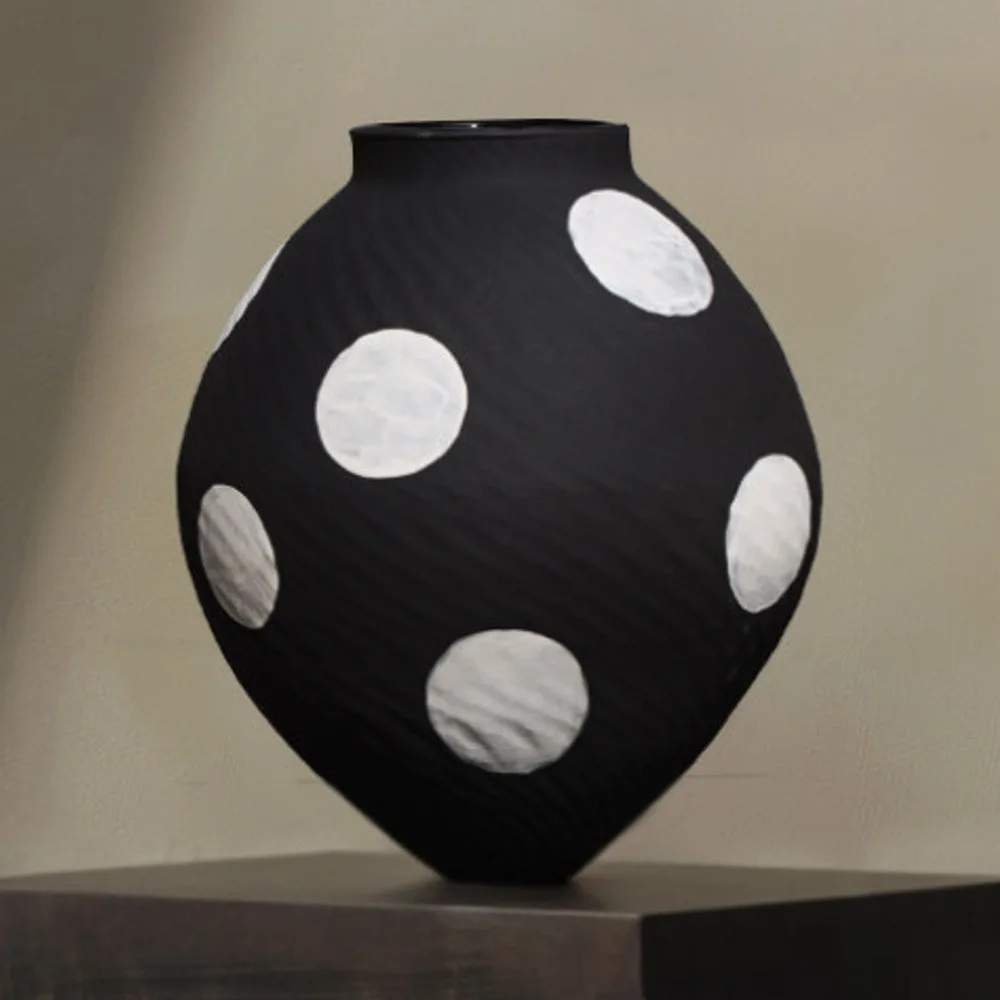 Designer Jingdezhen Black Polka Dot Wide Jar Vase, Large in black — front view