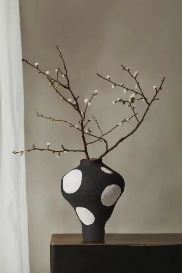 Designer Jingdezhen Black Polka Dot Wide Jar Vase, Large in black — in a room setting