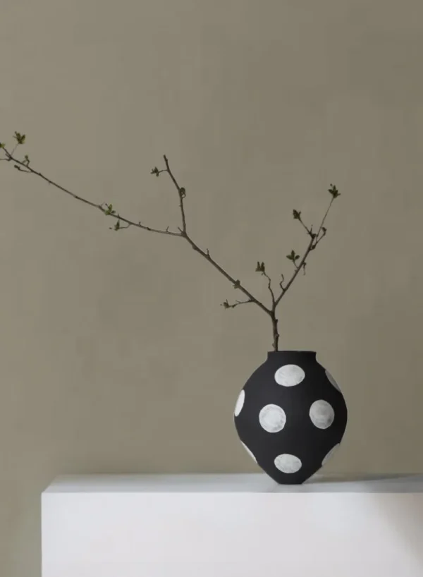 Designer Jingdezhen Black Polka Dot Wide Jar Vase, Large in black — in a room setting