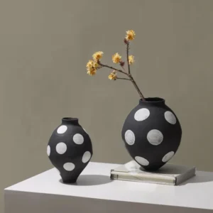 Designer Jingdezhen Black Polka Dot Wide Jar Vase, Large in black — in a room setting