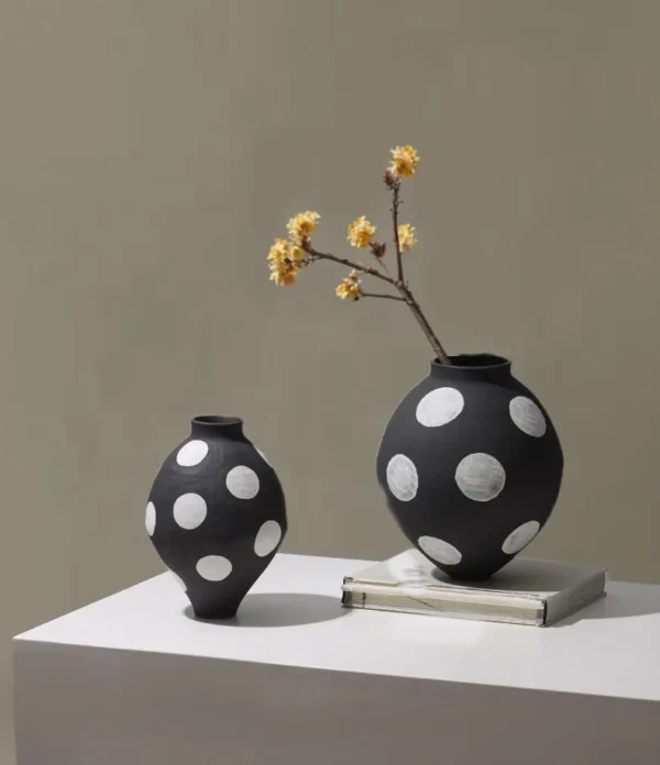 Designer Jingdezhen Black Polka Dot Wide Jar Vase, Large in black — in a room setting