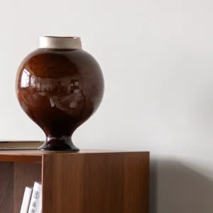 Artist-Made Kiln-Change Brown Glaze Round Stoneware Jar in clay — front view