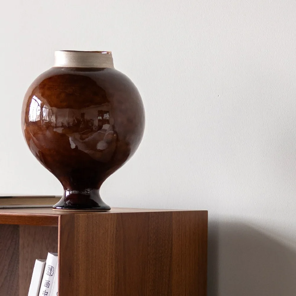Artist-Made Kiln-Change Brown Glaze Round Stoneware Jar in clay — front view