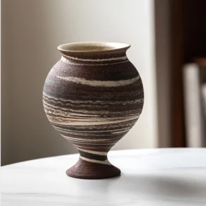 Artist-Made Marbled Clay Footed Cup Vase in Brown and Cream — front view