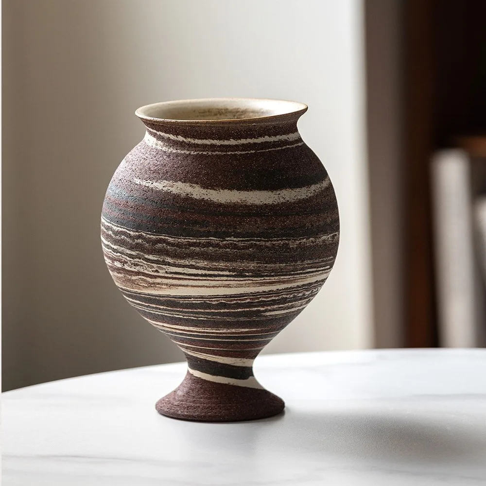 Artist-Made Marbled Clay Footed Cup Vase in Brown and Cream — front view