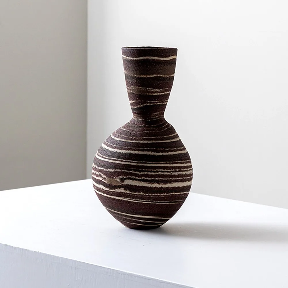 Artist-Made Marbled Clay Ring-Pattern Narrow-Neck Vase in clay — front view