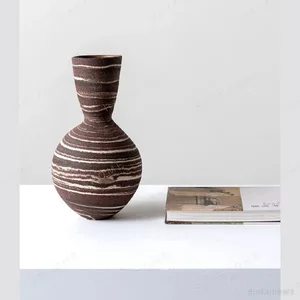 Artist-Made Marbled Clay Ring-Pattern Narrow-Neck Vase in clay — in a room setting
