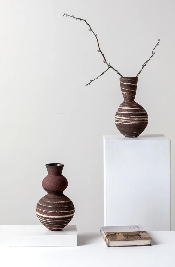 Artist-Made Marbled Clay Ring-Pattern Narrow-Neck Vase in clay — in a room setting