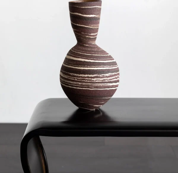 Artist-Made Marbled Clay Ring-Pattern Narrow-Neck Vase in clay — in a room setting