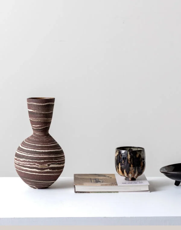 Artist-Made Marbled Clay Ring-Pattern Narrow-Neck Vase in clay — in a room setting