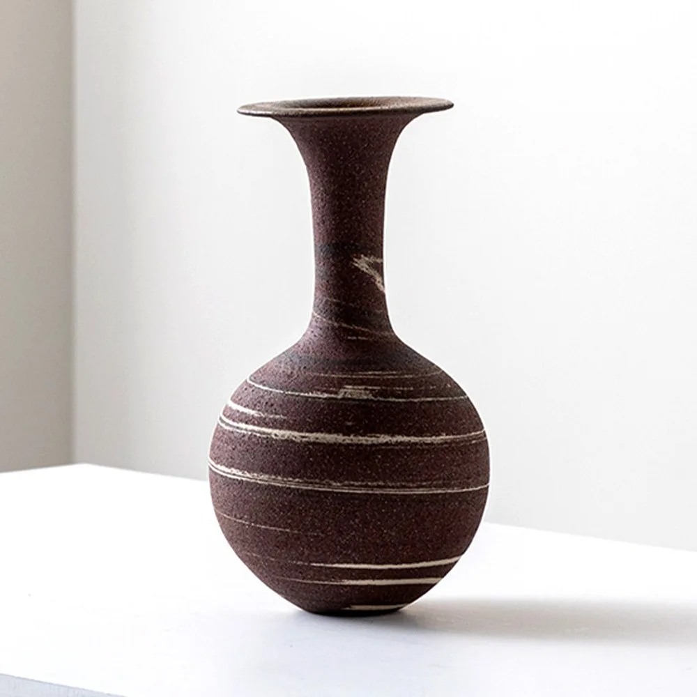Artist-Made Marbled Stoneware Long-Neck Vase in burgundy — front view