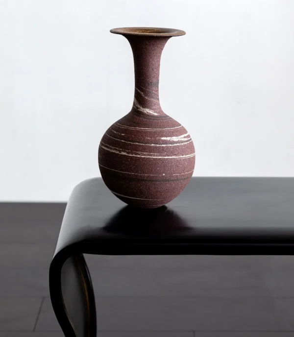 Artist-Made Marbled Stoneware Long-Neck Vase in burgundy — in a room setting