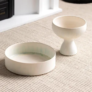 Artist-Made Mist Blue Glaze Low Dish and Footed Cup in ivory — front view