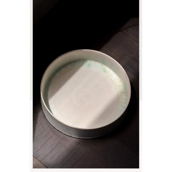 Artist-Made Mist Blue Glaze Low Dish and Footed Cup in ivory — in a room setting