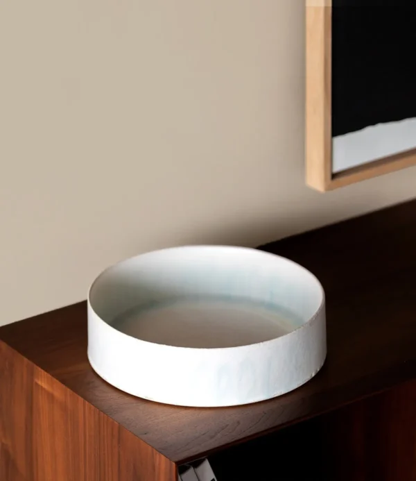 Artist-Made Mist Blue Glaze Low Dish and Footed Cup in ivory — in a room setting