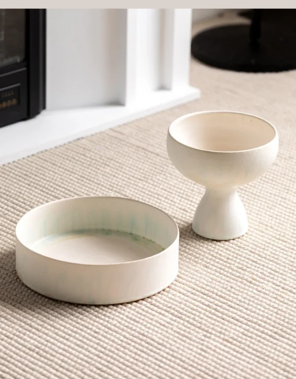 Artist-Made Mist Blue Glaze Low Dish and Footed Cup in ivory — in a room setting