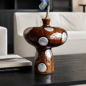 Artist-Made Mushroom-Form Brown Ceramic Vase in clay — front view
